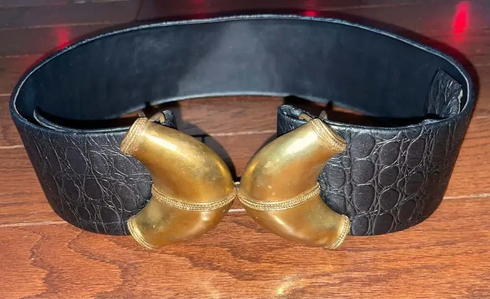 Vintage 80s Black Croc Wide Waist Belt Gold Sculptural Buckle Statement